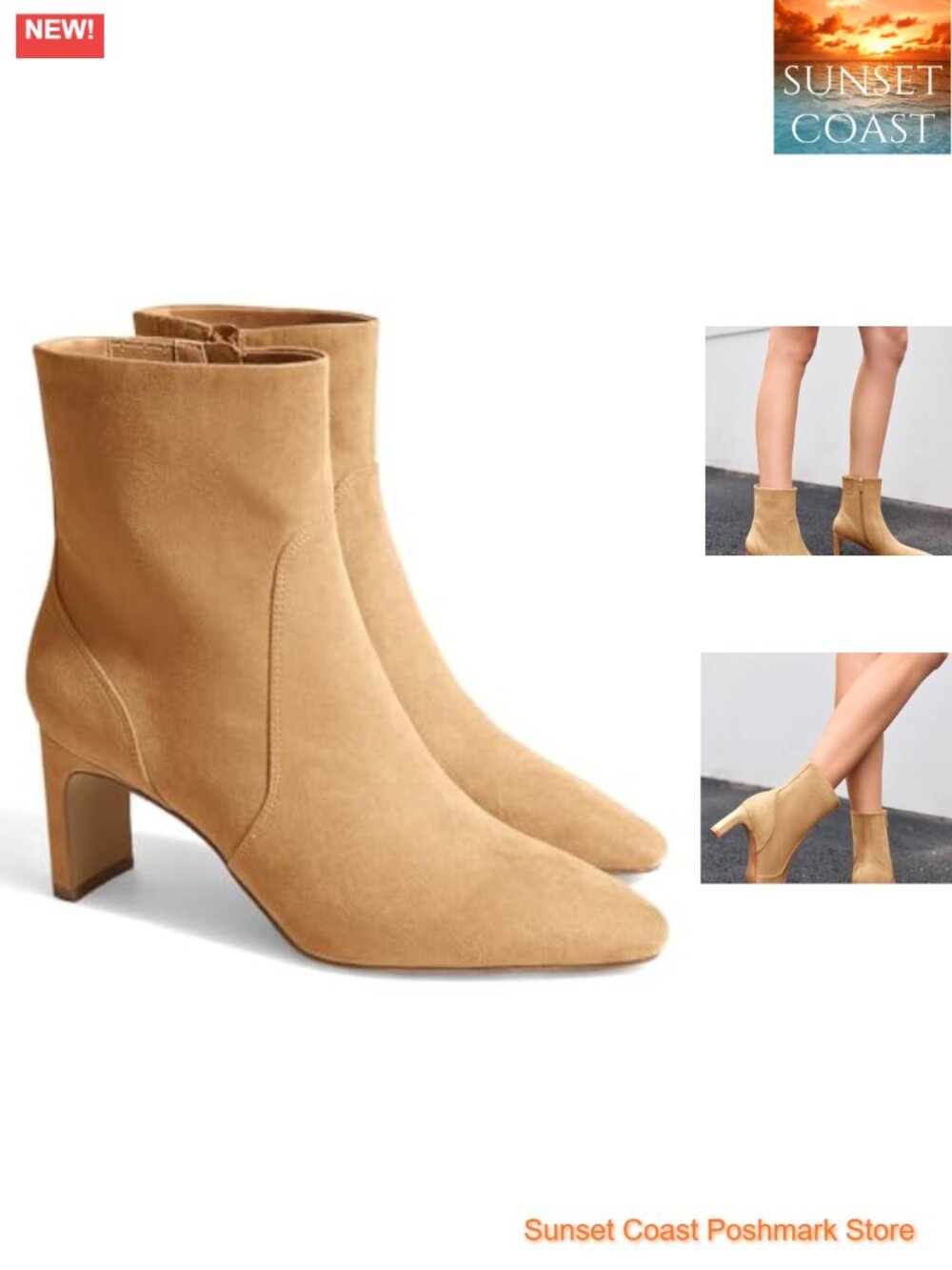 Chunky Low Heel Ankle Boots Square Pointed Toe Side Zipper Faux Suede Booties